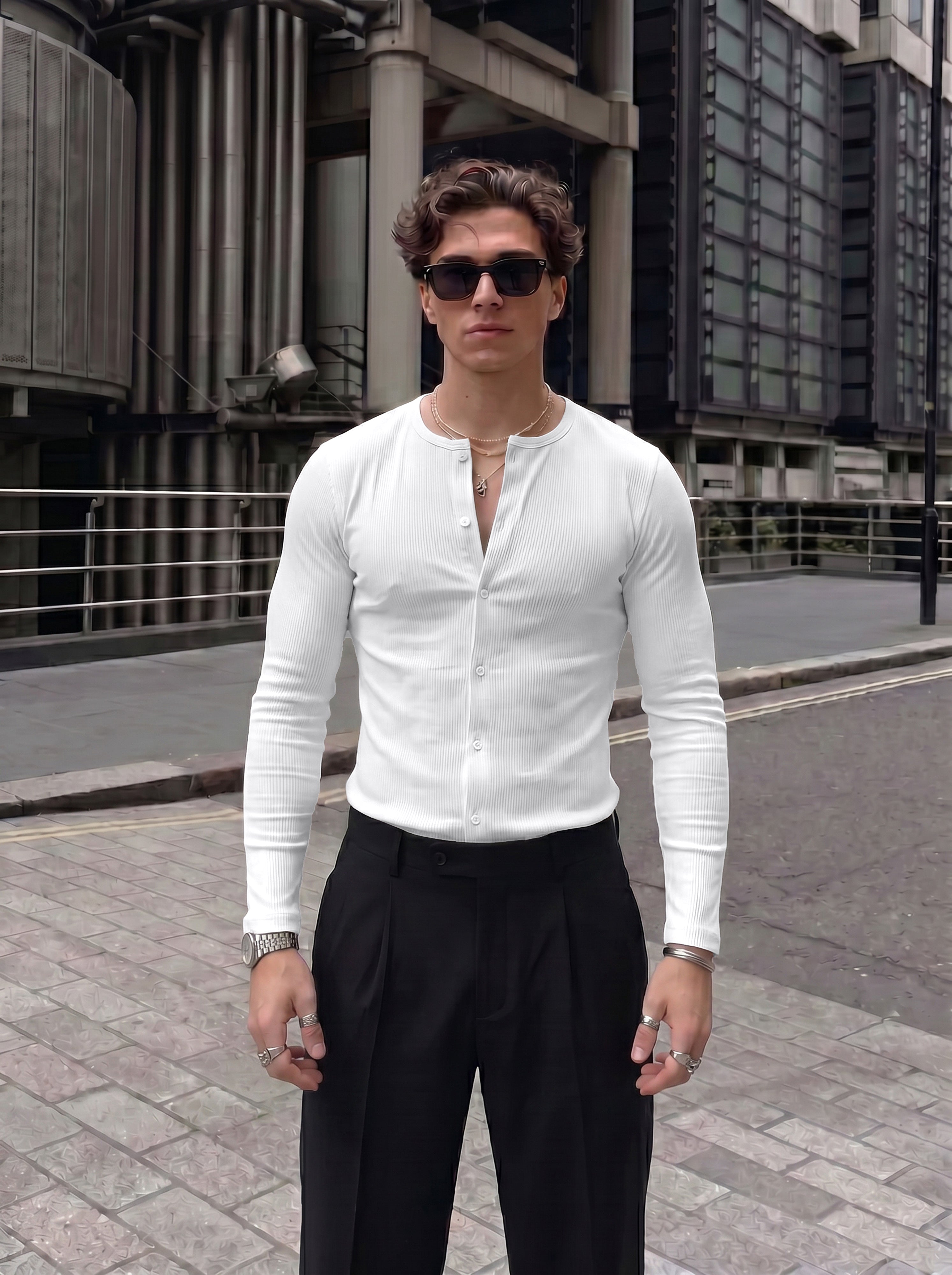 Men's Minimalist Crisp White Ribbed Cotton Open-Front Casual Shirt