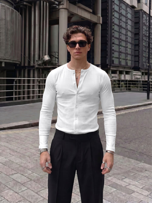 Men's Minimalist Crisp White Ribbed Cotton Open-Front Casual Shirt