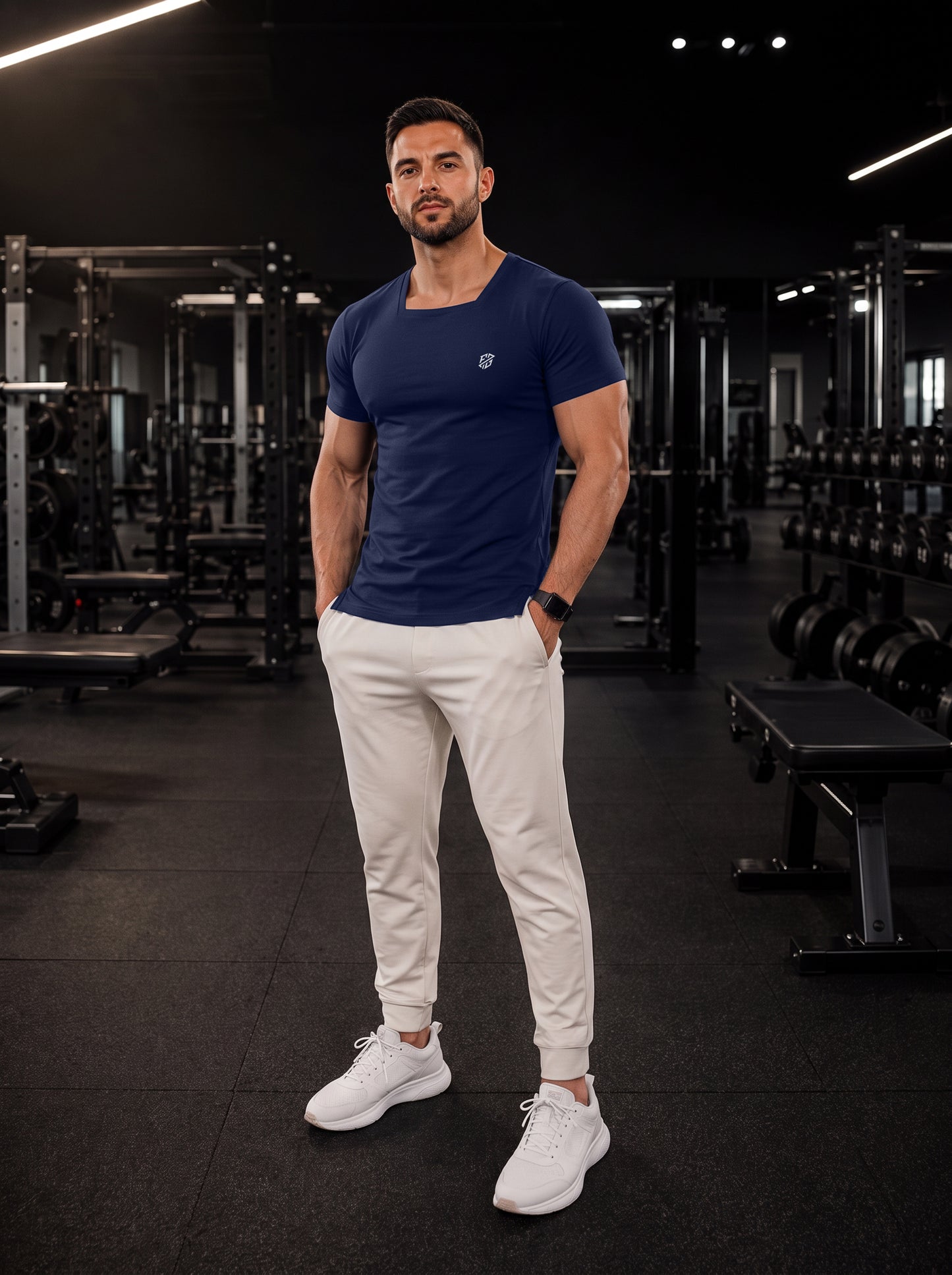 Men's Navy Blue Square-Neck Muscle-Fit Gym T-Shirt
