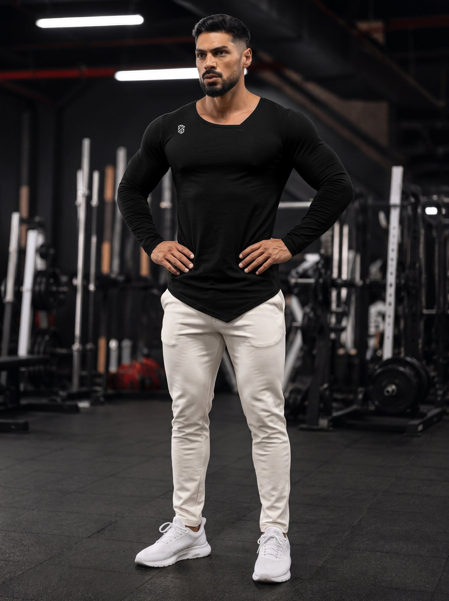 Men's Stealth Black Long Sleeve Pointed-Hem Workout Tee