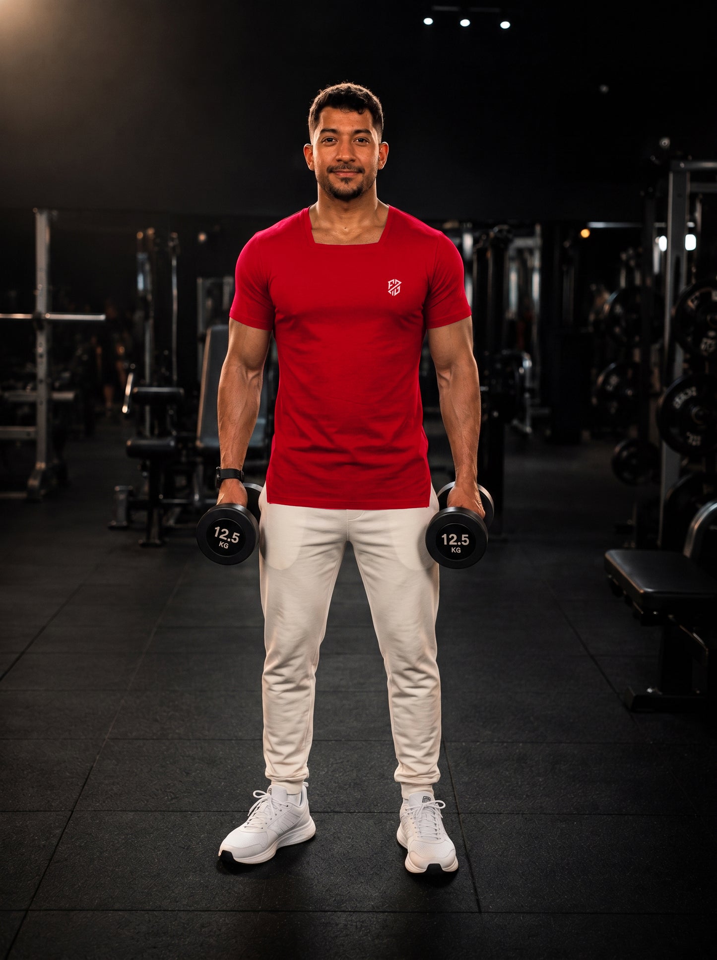 Square-Neck Stretchable Slim-Fit Red T-Shirt for Men