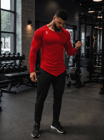 Red V-Cut Hem Slim-Fit Full Sleeve Athletic T-Shirt