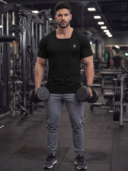 Men's Black Square-Neck Muscle-Fit Gym T-Shirt