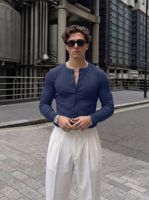 Men's Premium Navy Blue Ribbed Cotton Casual Open-Front Shirt
