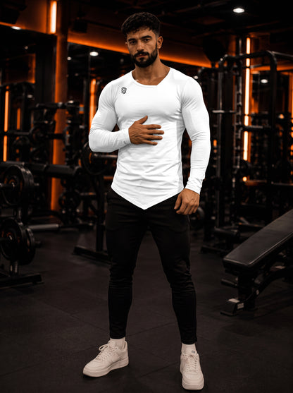 Men's White Full Sleeve Muscle-Fit Gym T-Shirt