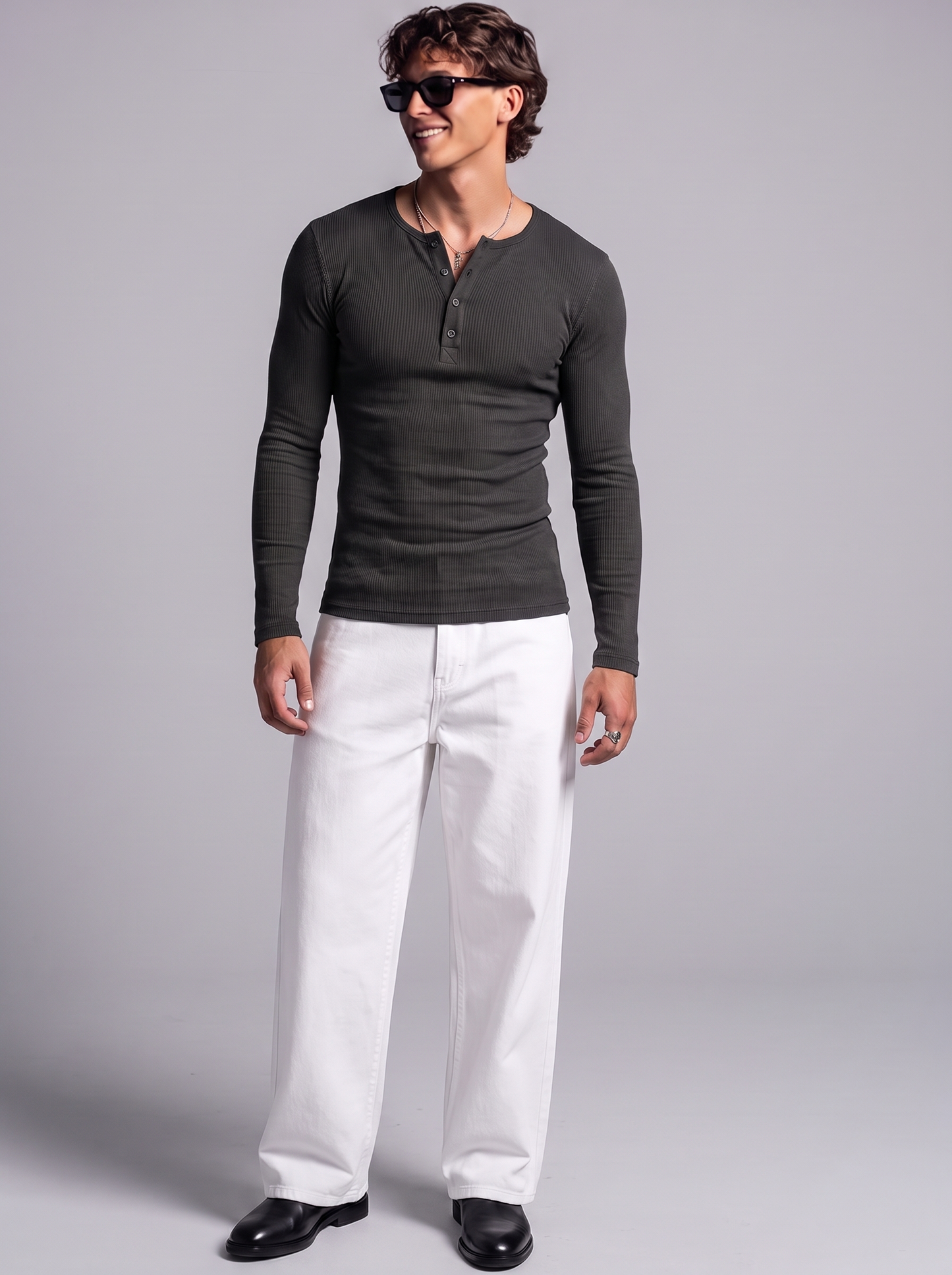 Men's Jet Black Waffle Knit Henley – Long Sleeve Slim Fit Thermal Top