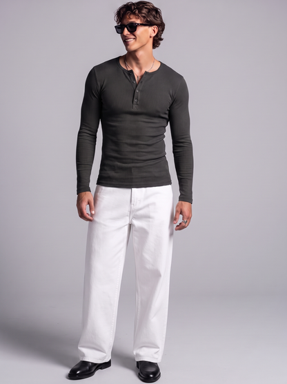 Men's Jet Black Waffle Knit Henley – Long Sleeve Slim Fit Thermal Top