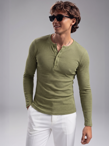 Men’s Luxury Waffle-Knit Henley – Sage Olive Relaxed Fit