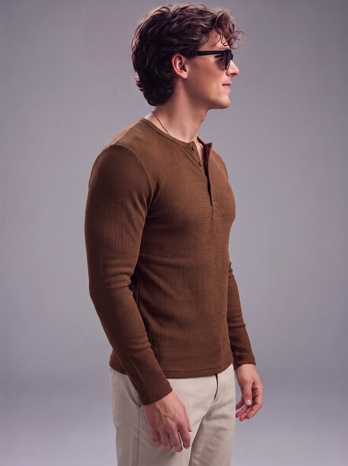 Men's Brown Waffle Knit Henley – Long Sleeve Thermal Slim Fit Top