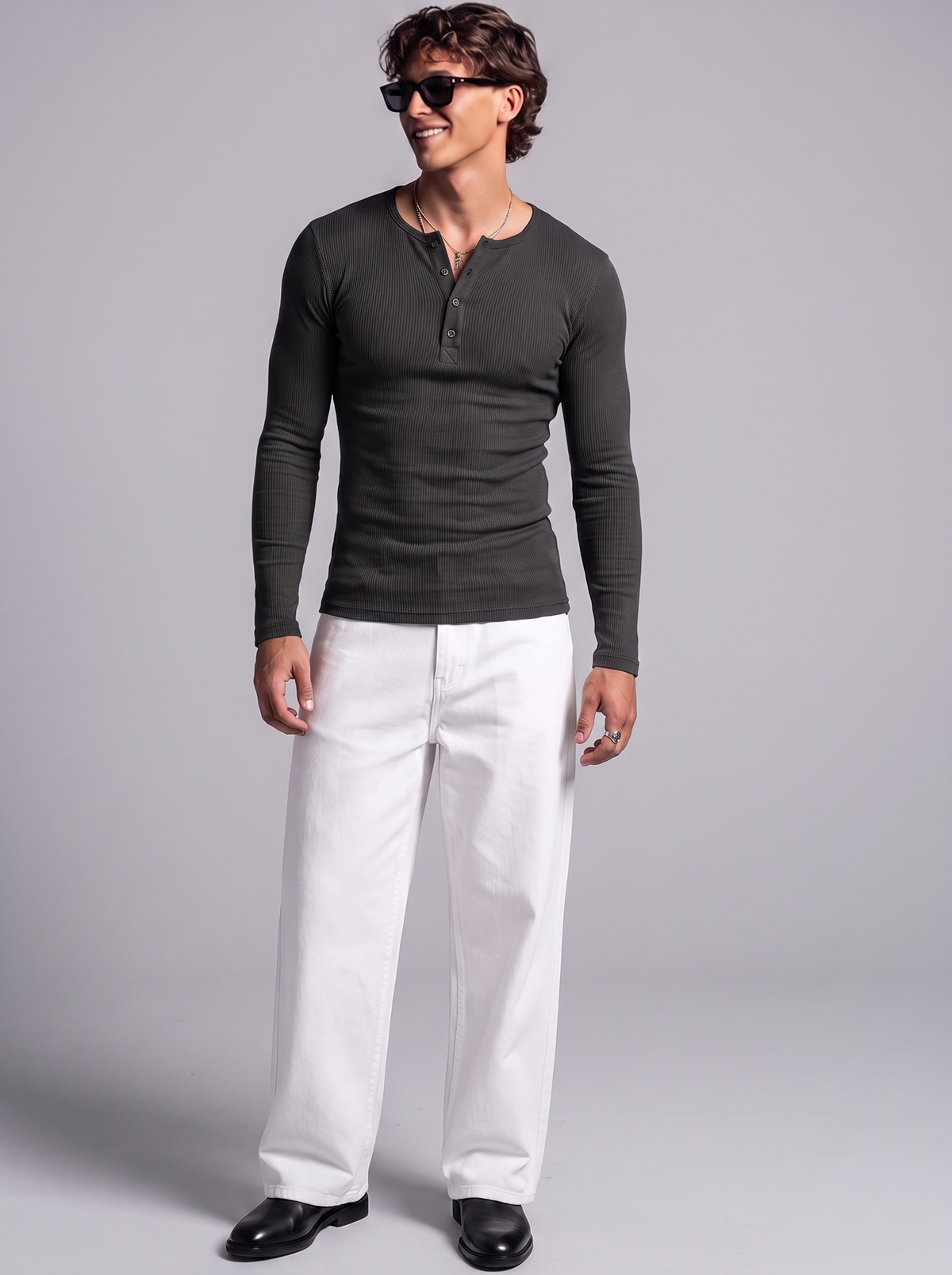 Men's Jet Black Waffle Knit Henley – Long Sleeve Slim Fit Thermal Top