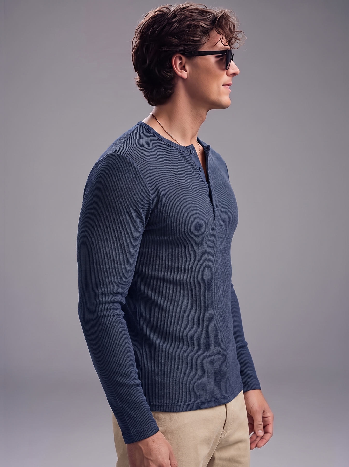 Men's Navy Blue Waffle Knit Henley – Long Sleeve Thermal Slim Fit Top