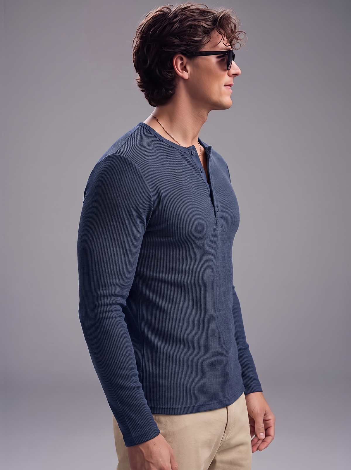 Men's Navy Blue Waffle Knit Henley – Long Sleeve Thermal Slim Fit Top