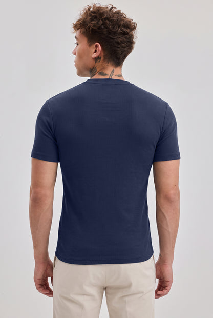 Men Solid Round Neck Button Placket Ribbed Blue Henley T-Shirt