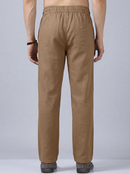 Men's Khaki Casual Cotton Linen Trousers with Drawstring