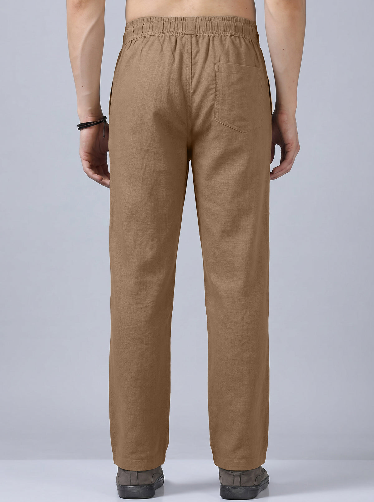 Men's Khaki Casual Cotton Linen Trousers with Drawstring