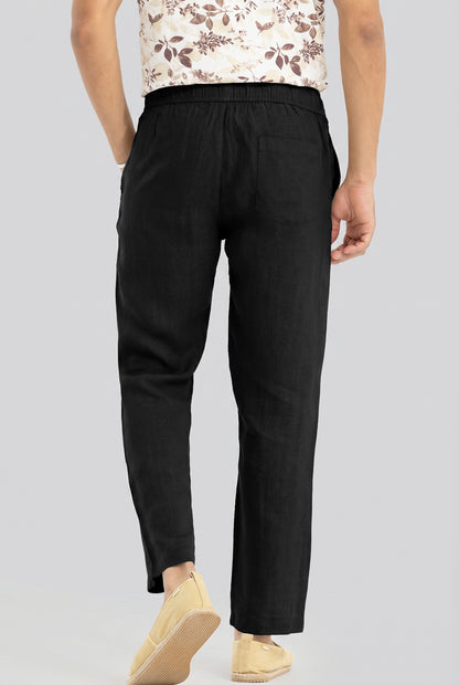 Men's Solid Black Casual Cotton Linen Trousers with Drawstring