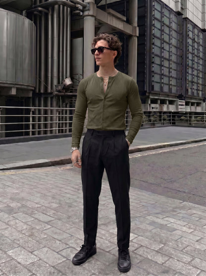 Men's Premium Olive Green Ribbed Casual Henley Shirt