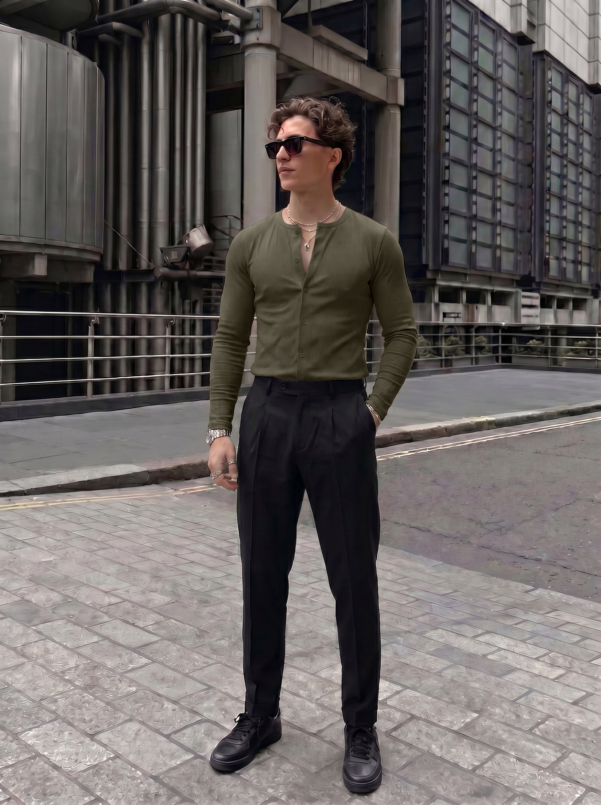 Men's Premium Olive Green Ribbed Casual Henley Shirt