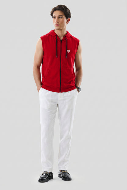 Men's Red Sleeveless Zip-Up Hoodie | Casual Gym & Sportswear Vest