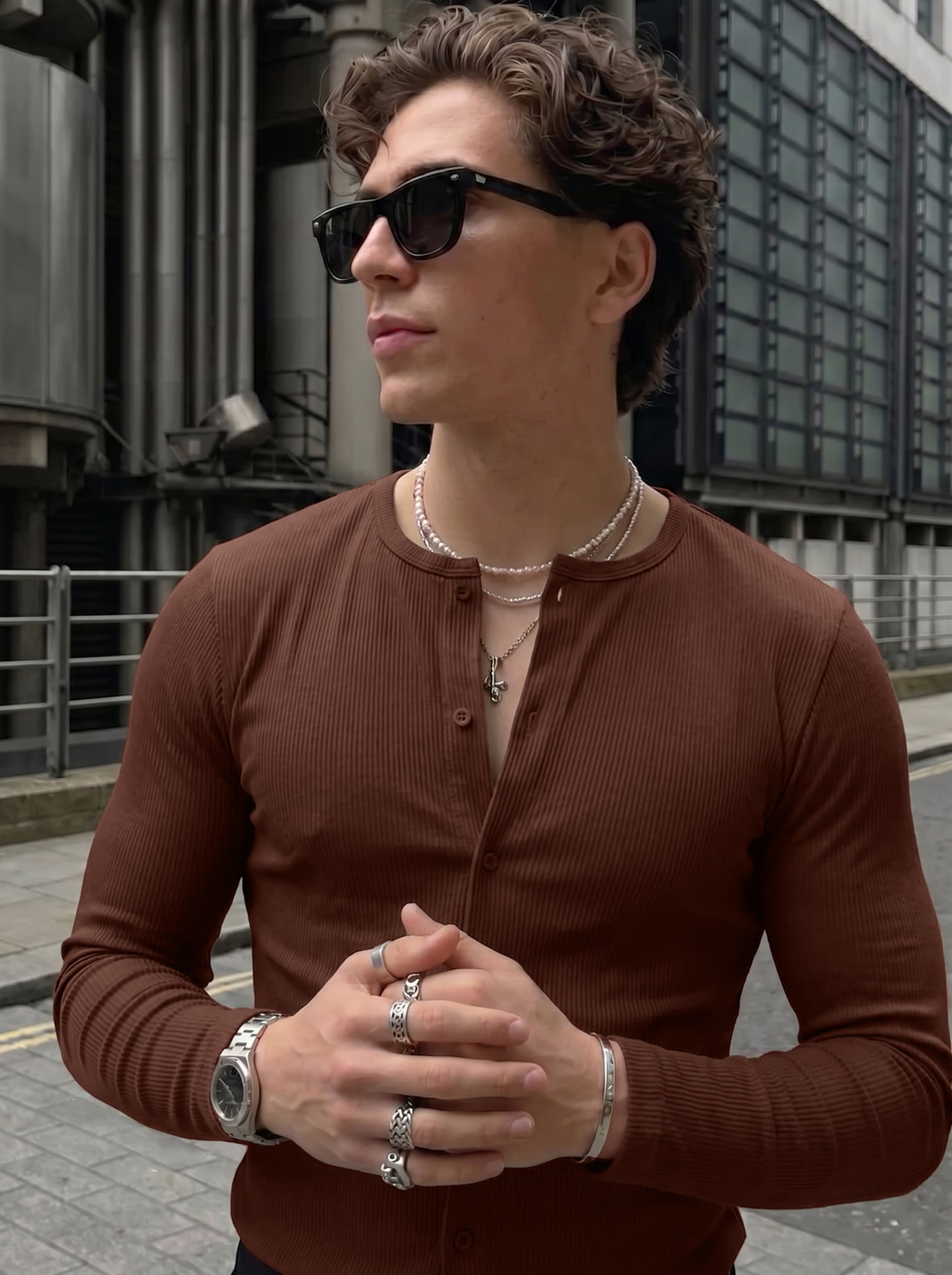 Men's Luxe Coffee Brown Ribbed Cotton Buttoned Casual Shirt