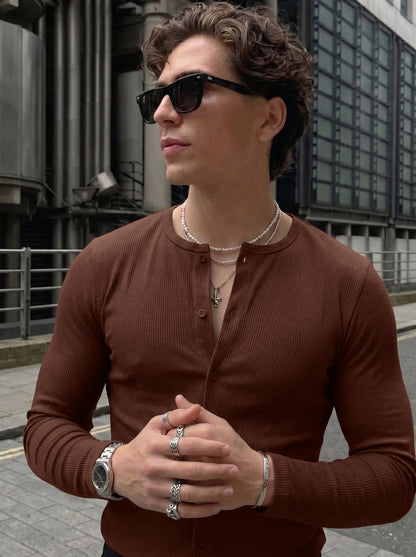 Men's Luxe Coffee Brown Ribbed Cotton Buttoned Casual Shirt