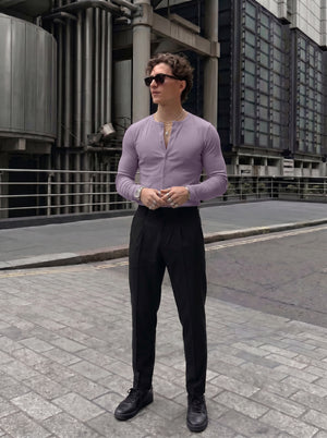Premium Lavender Ribbed Henley Full-Sleeve T-Shirt for Men