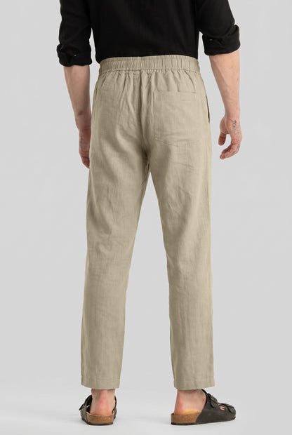 Men's Beige Casual Cotton Linen Trousers with Drawstring