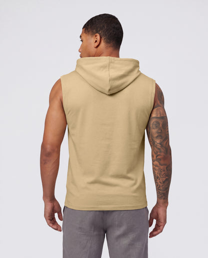 Men's Premium Beige Sleeveless Hooded T-Shirt | Slim Fit Khaki Gym & Streetwear Vest