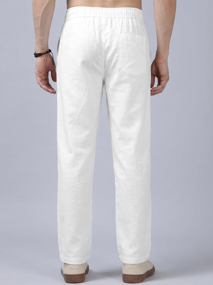 Men's Solid White Casual Cotton Linen Trousers with Drawstring