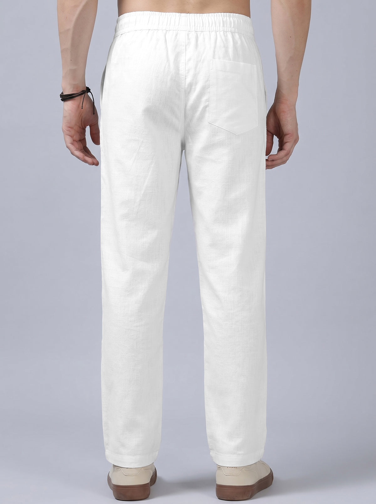 Men's Solid White Casual Cotton Linen Trousers with Drawstring