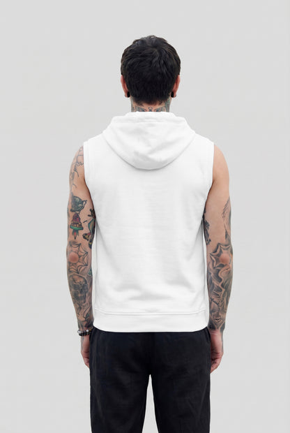 Men's White Sleeveless Zip-Up Hoodie | Casual Gym & Sportswear Vest
