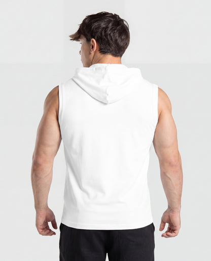 Men's Premium White Sleeveless Hooded T-Shirt | Classic Fit Gym & Streetwear Vest