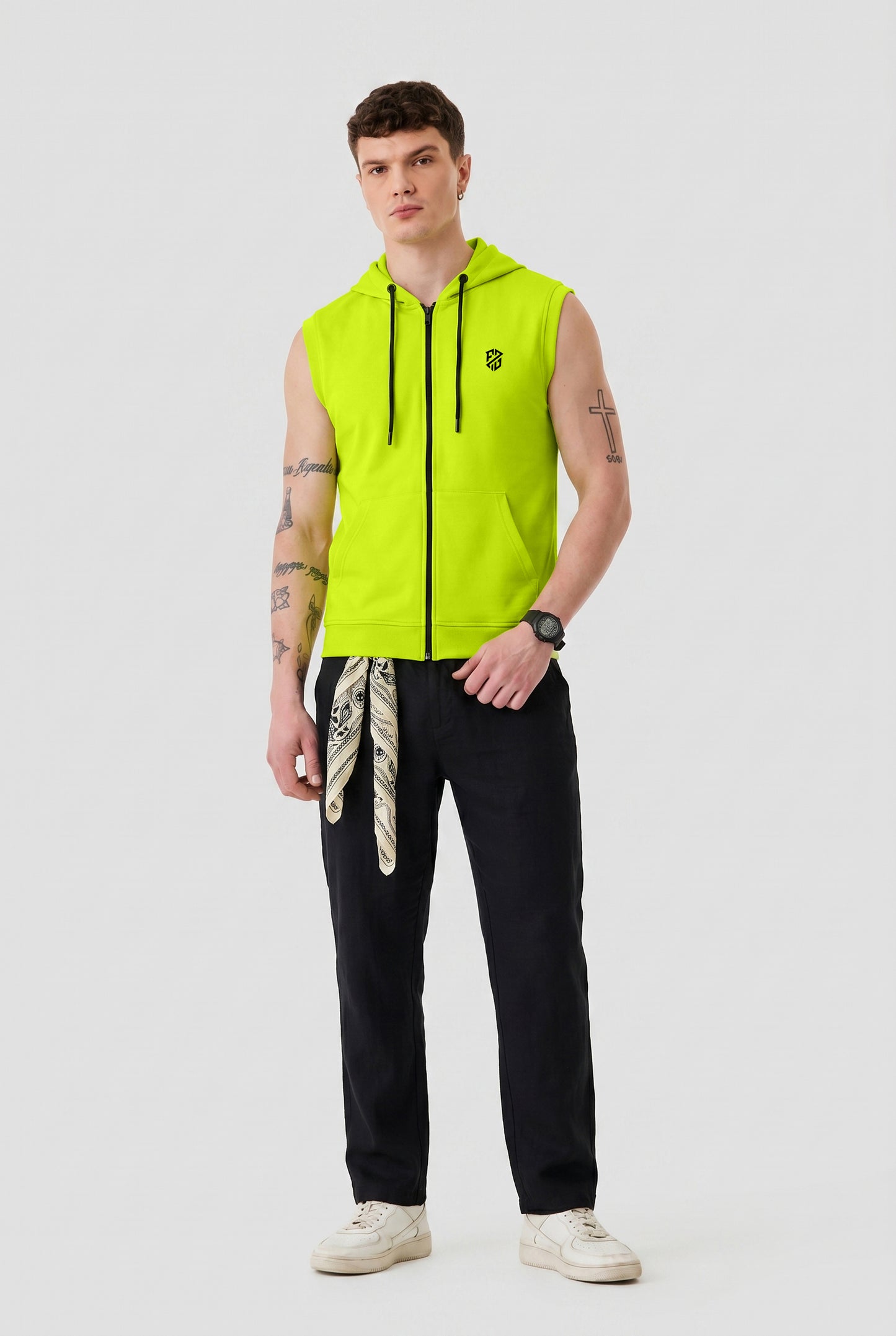 Men's Neon Green Sleeveless Zip-Up Hoodie | Casual Gym & Sportswear Vest