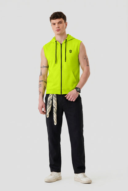 Men's Neon Green Sleeveless Zip-Up Hoodie | Casual Gym & Sportswear Vest