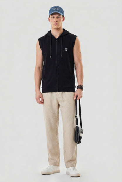 Men's Black Sleeveless Zip-Up Hoodie | Casual Gym & Sportswear Vest