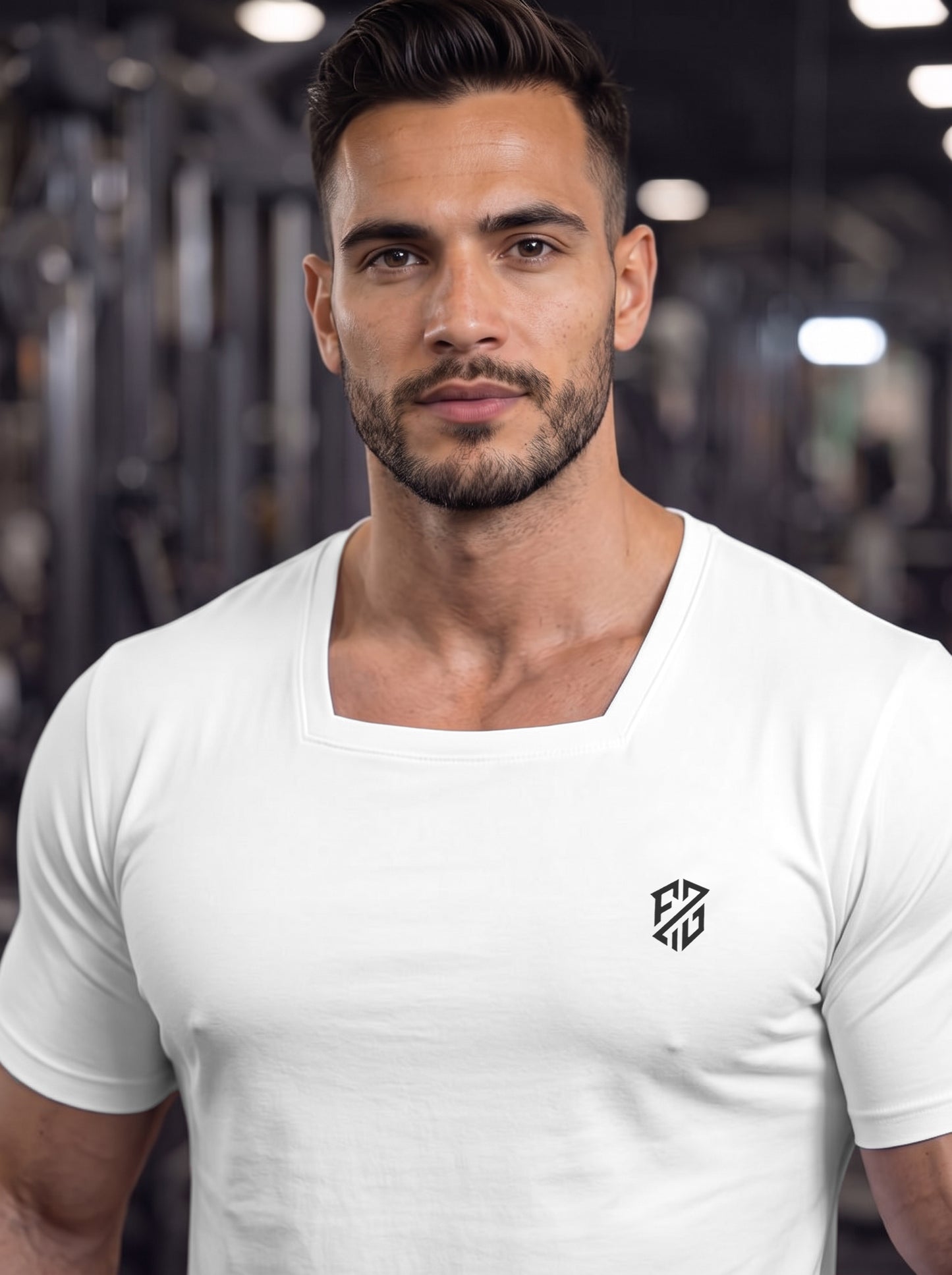 Men's White Square-Neck Muscle-Fit Gym T-Shirt