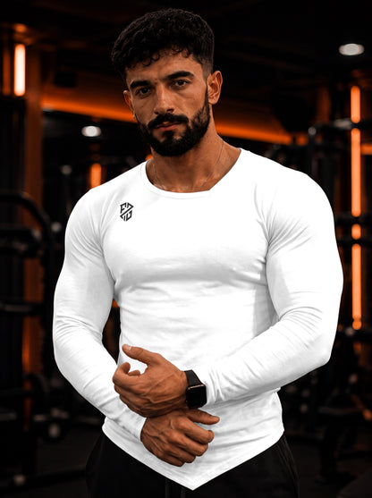 Men's White Full Sleeve Muscle-Fit Gym T-Shirt