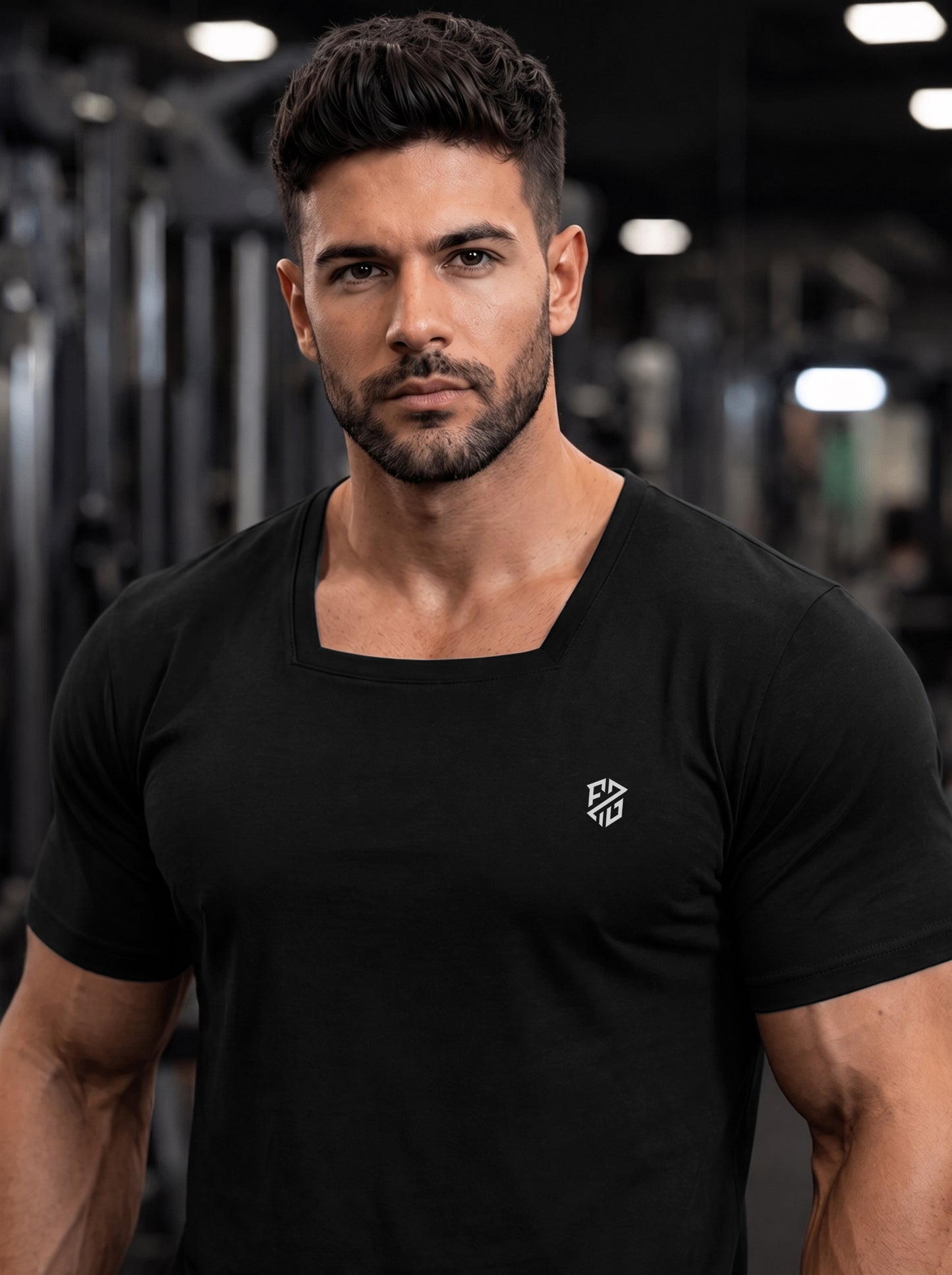 Men's Black Square-Neck Muscle-Fit Gym T-Shirt