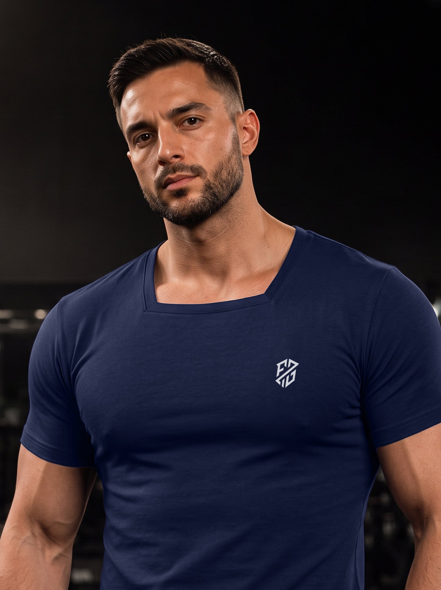 Men's Navy Blue Square-Neck Muscle-Fit Gym T-Shirt