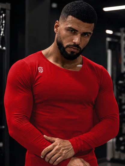 Red V-Cut Hem Slim-Fit Full Sleeve Athletic T-Shirt