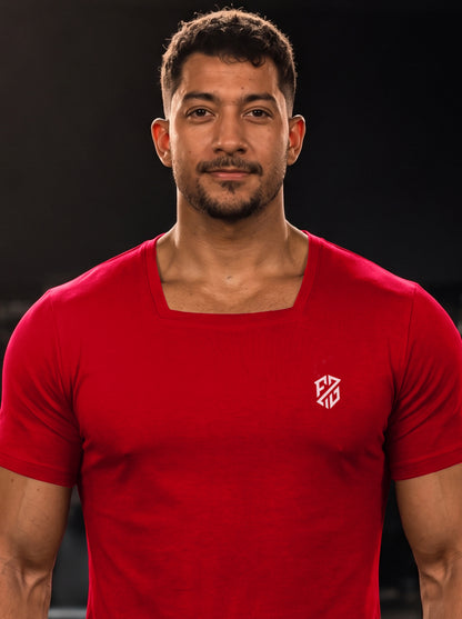 Square-Neck Stretchable Slim-Fit Red T-Shirt for Men