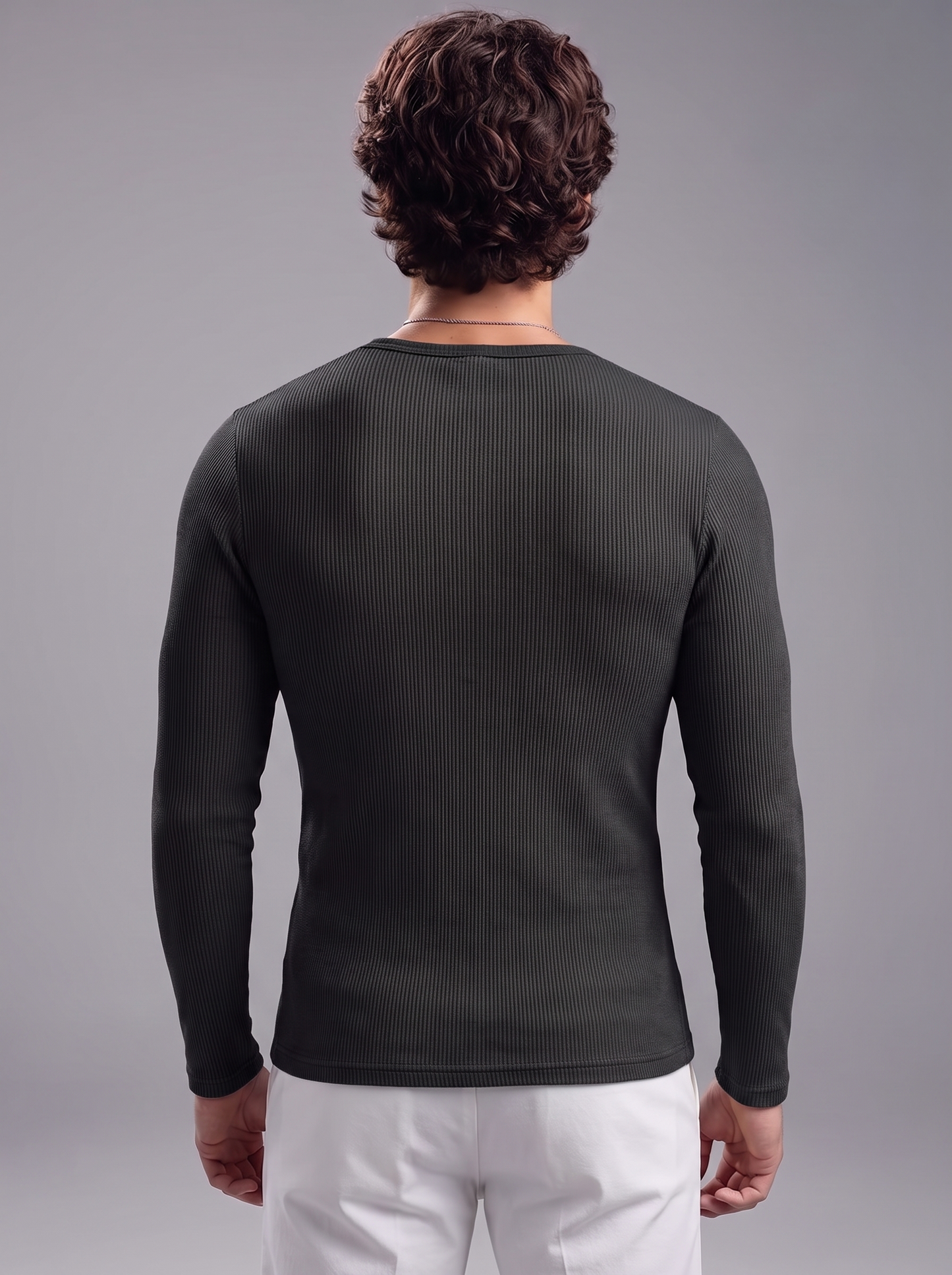 Men's Jet Black Waffle Knit Henley – Long Sleeve Slim Fit Thermal Top