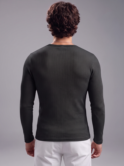 Men's Jet Black Waffle Knit Henley – Long Sleeve Slim Fit Thermal Top
