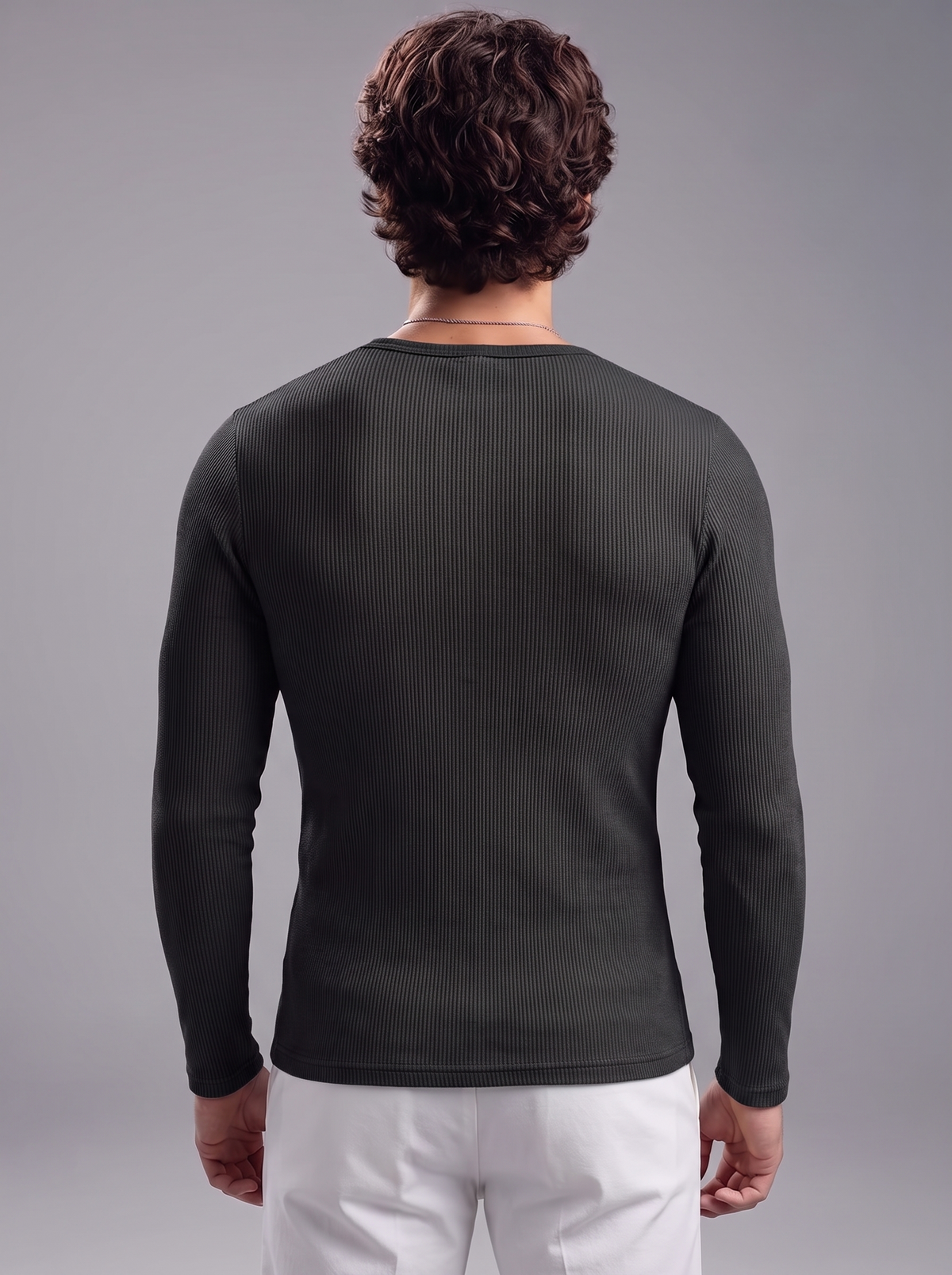 Men's Jet Black Waffle Knit Henley – Long Sleeve Slim Fit Thermal Top