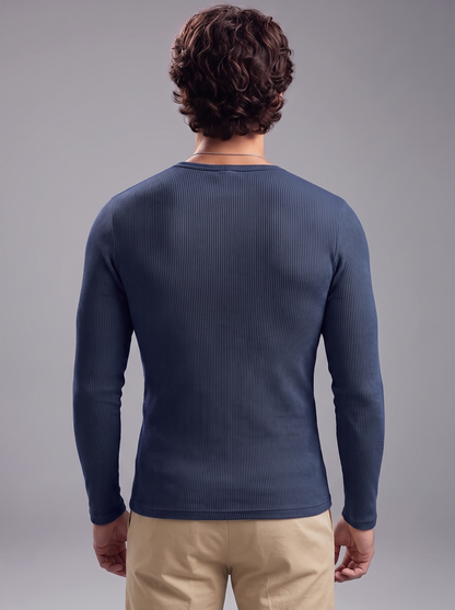 Men's Navy Blue Waffle Knit Henley – Long Sleeve Thermal Slim Fit Top