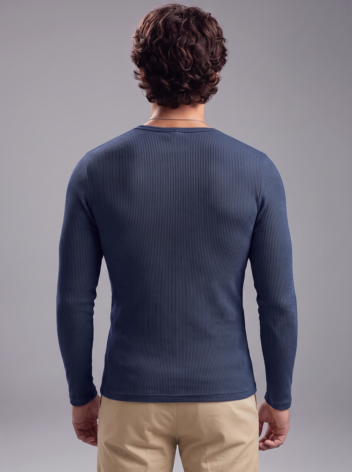 Men's Navy Blue Waffle Knit Henley – Long Sleeve Thermal Slim Fit Top