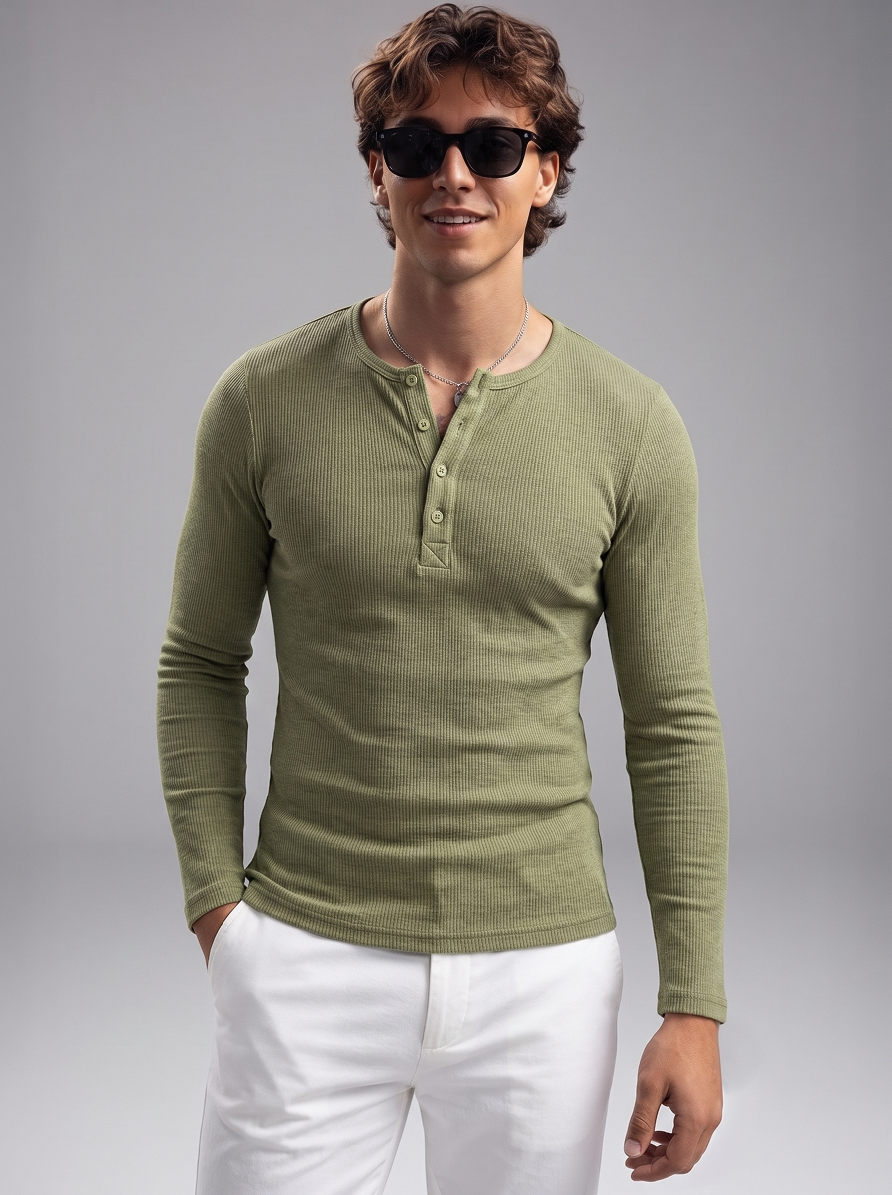 Men’s Luxury Waffle-Knit Henley – Sage Olive Relaxed Fit