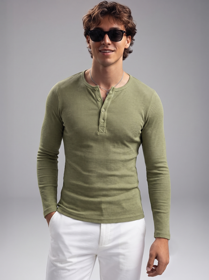 Men’s Luxury Waffle-Knit Henley – Sage Olive Relaxed Fit