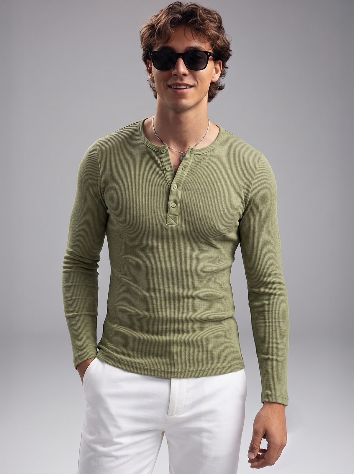 Men’s Luxury Waffle-Knit Henley – Sage Olive Relaxed Fit