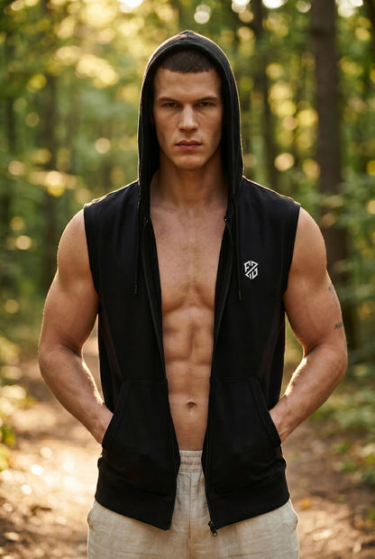 Men's Black Sleeveless Zip-Up Hoodie | Casual Gym & Sportswear Vest